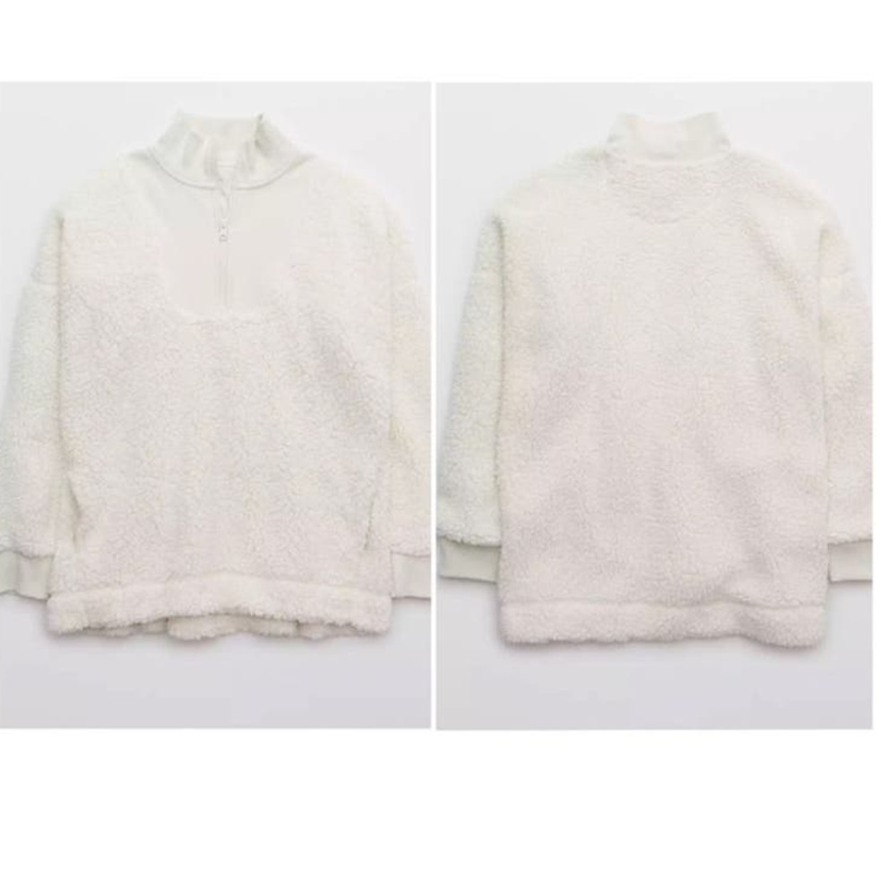 Aerie Dream Sherpa White Quarter Zip Pullover Sweatshirt Sweater Jacket Sz Med - Picture 2 of 9